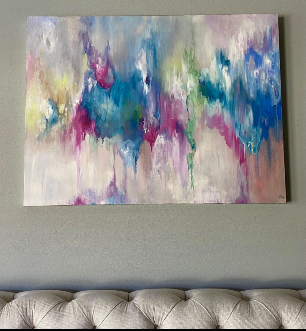 Ink Art Commissioned Art, Abstract art, blue, pink, fucsia, yellow, green, white, burst of light, RJ Interiors