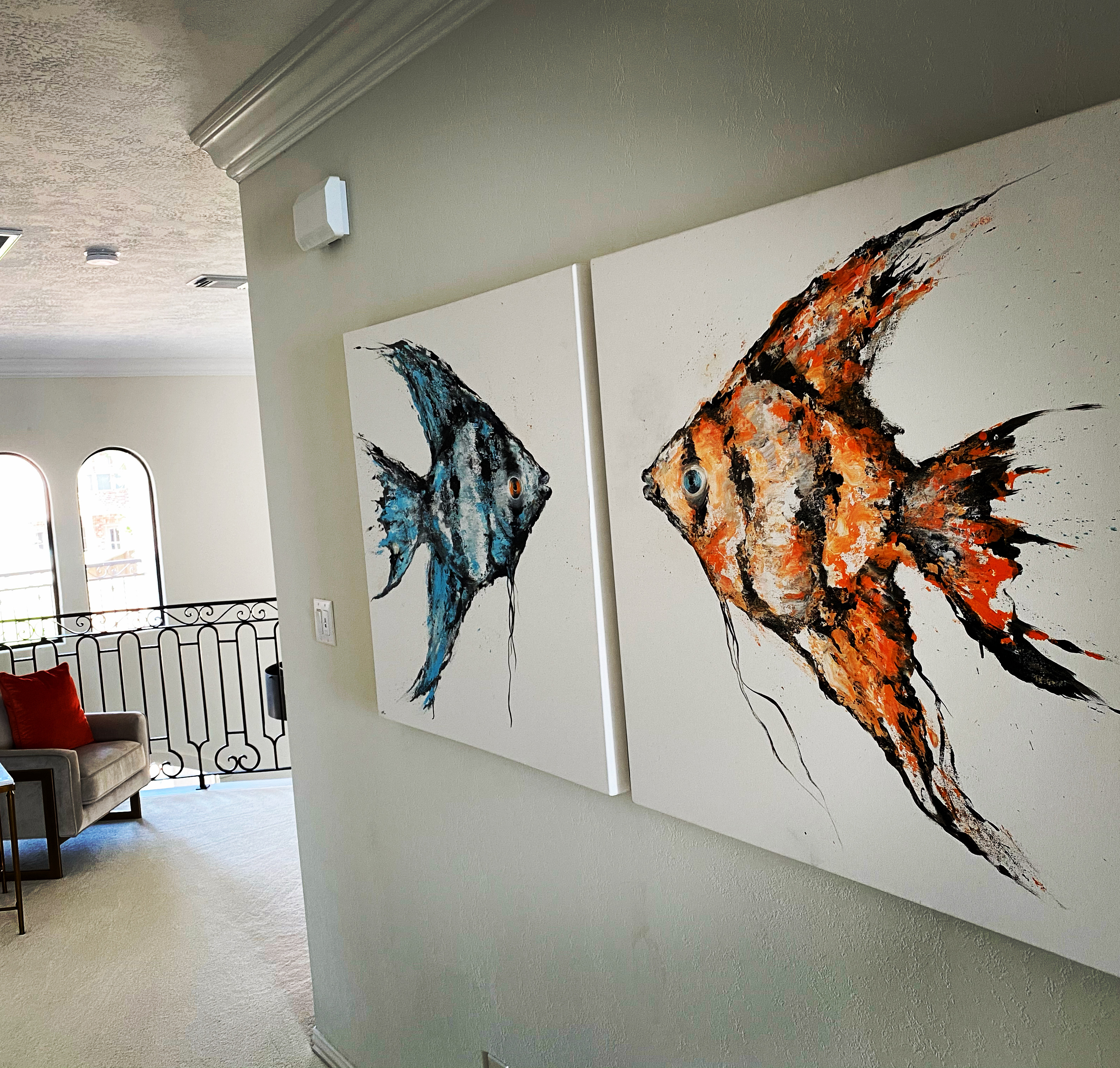 Two Fish, Orange Fish, Blue Fish, Commissioned Art, Orange Fish, aquatic art, beach art, beach house, coastal living, fancy fish, acrylic art, custom art, Missy Steward Designs,