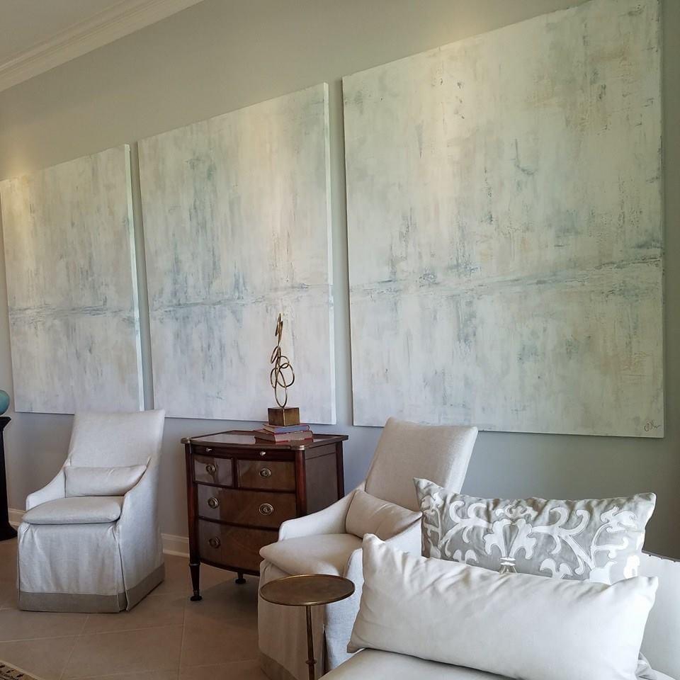 Three Panel Commissioned Art, Three canvas art, plaster art, troweled art, canvas, abstract, soft colors, designer trend, residential, hospitality art, white, grey, blue, large art,