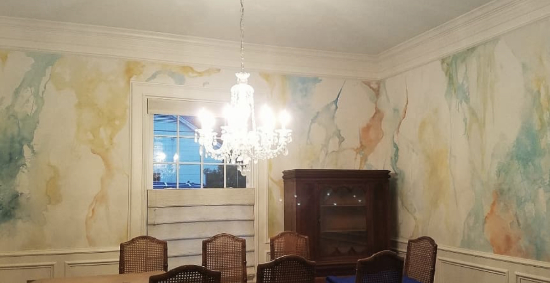 Watercolor Walls, Commissioned Art, dining room art, colorful walls, professional painting, designer style, houston texas, Coton House, Laurie Coton Design,